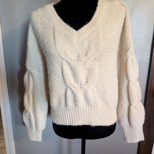 Elegant Cream V-Neck Cable Knit Sweater